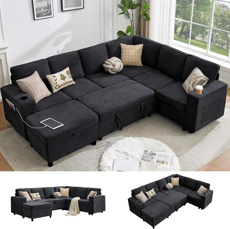 Sofivelle 107 Inch Sectional Sleeper Sofa with Pull Out Bed, Black