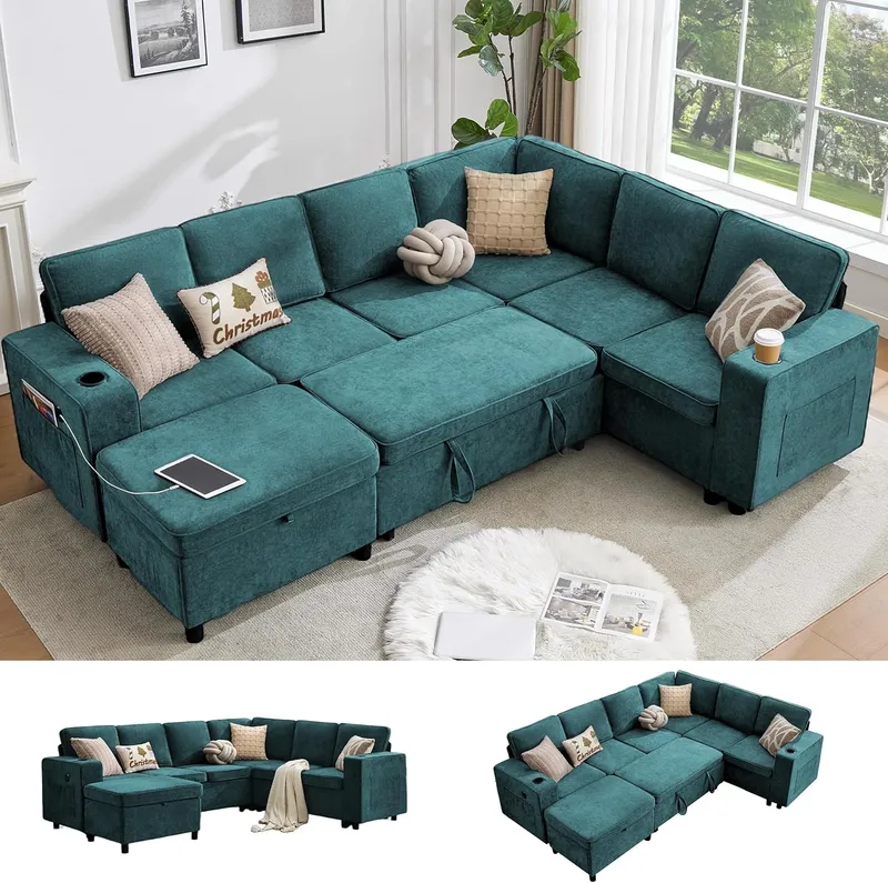 Sofivelle 107 Inch Sectional Sleeper Sofa with Pull Out Bed, Green