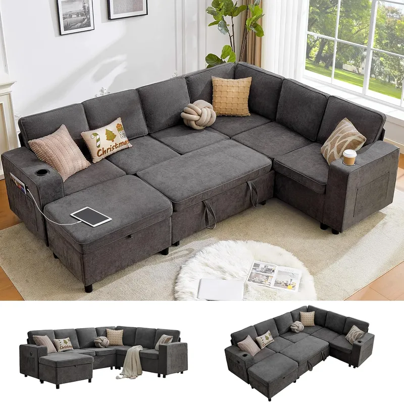 Sofivelle 107 Inch Sectional Sleeper Sofa with Pull Out Bed, Grey