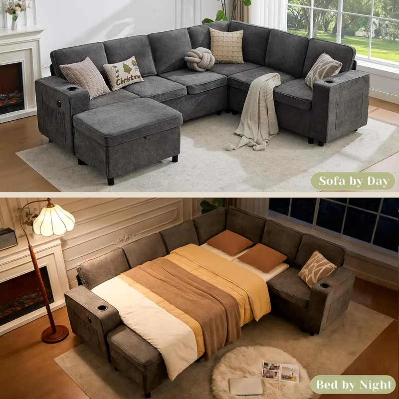 Sofivelle 107 Inch Sectional Sleeper Sofa with Pull Out Bed, USB Port & 6 Pillows