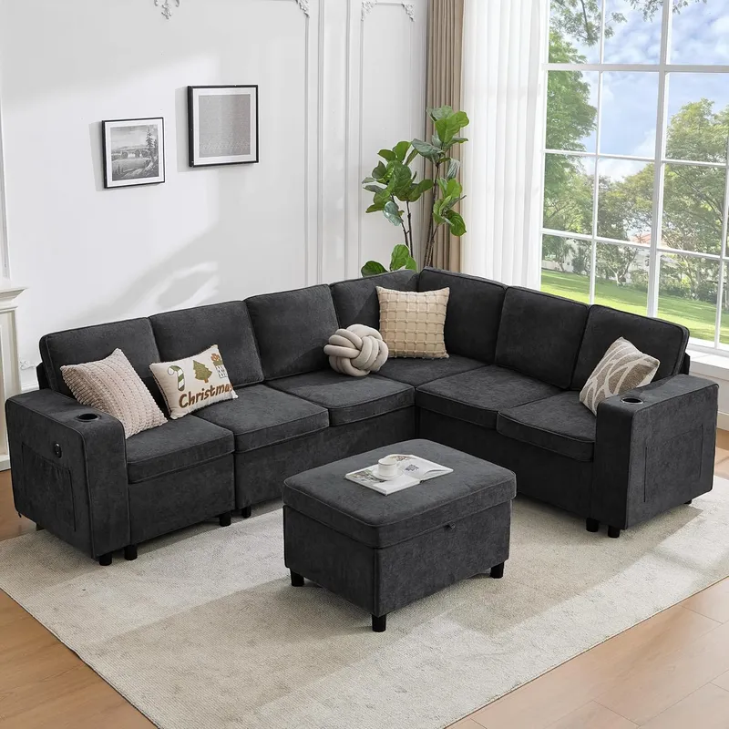 Sofivelle 7 Seat U Shaped Modular Sectional Sofa with Storage Ottoman, Black